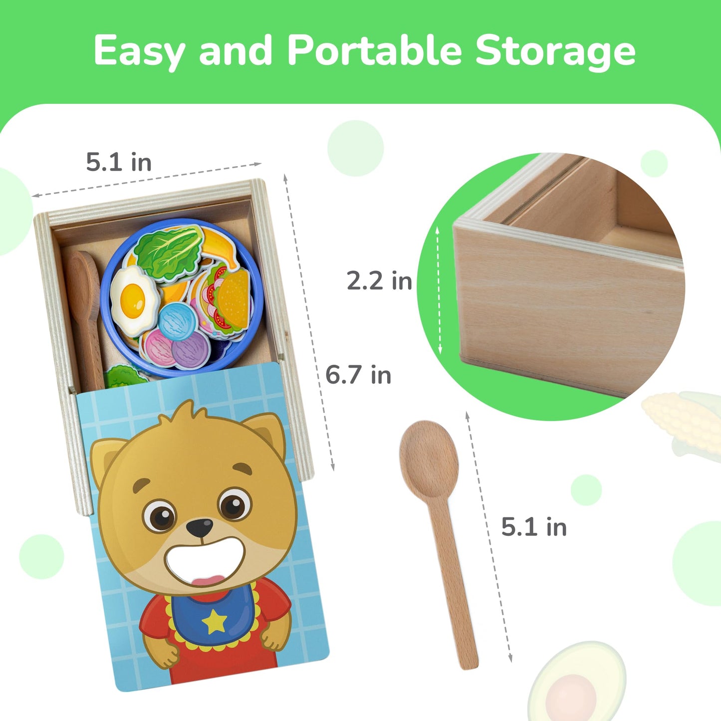 Bimi Boo Wooden Feeding Toy - Montessori Scooping & Fine Motor Toy for Toddlers 1-4 | Speech Therapy & Occupational Therapy Pretend Play Food Set | 27 Foods, Spoon & Bowl