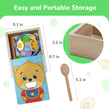 Bimi Boo Wooden Feeding Toy - Montessori Scooping & Fine Motor Toy for Toddlers 1-4 | Speech Therapy & Occupational Therapy Pretend Play Food Set | 27 Foods, Spoon & Bowl