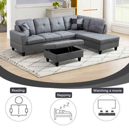 UOCFYK L-Shaped 3-Piece Linen Sofa with Storage Ottoman Set, Sectional Couch Sofa Set for Living Room, Office, Small Space, Grey