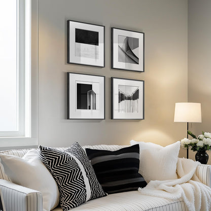 Framed Modern Canvas Wall Art Set of 4 Piece, Black and White Abstract Picture Prints, Geometric Line Minimalist Paintings Artwork for Bedroom, Living Room, Hallway and Office 12x12 Inch