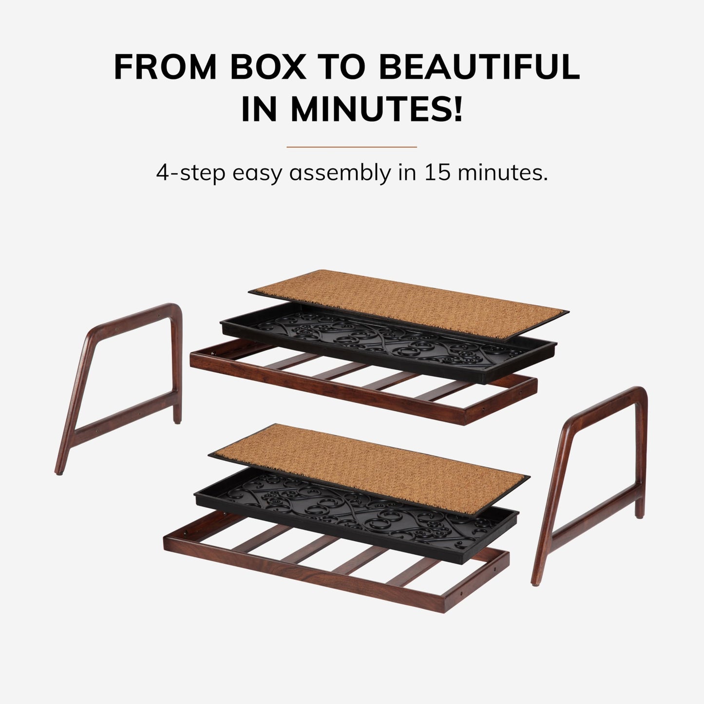 Anji Mountain Heavy Duty Waterproof Wooden Shoe Storage Mat Organizer/Boot Storage Tray Multi Use for Entryway with Coir, Tan and Ivory Insert, 2 Tier, Fits 6 Pair (36.5" Wide)