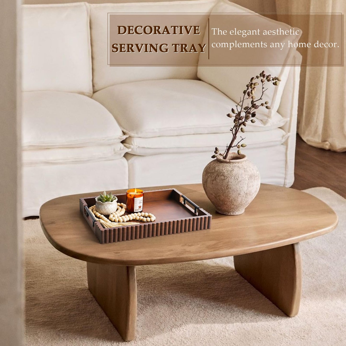 Cathyeen Acacia Wood Decorative Serving Tray with Handles, 16.7" x 12.8" Large Wooden Ottoman Tray for Living Room, Coffee Table Tray Decor for Food, Dinner, Tea or Breakfast in Bed (Walnut)