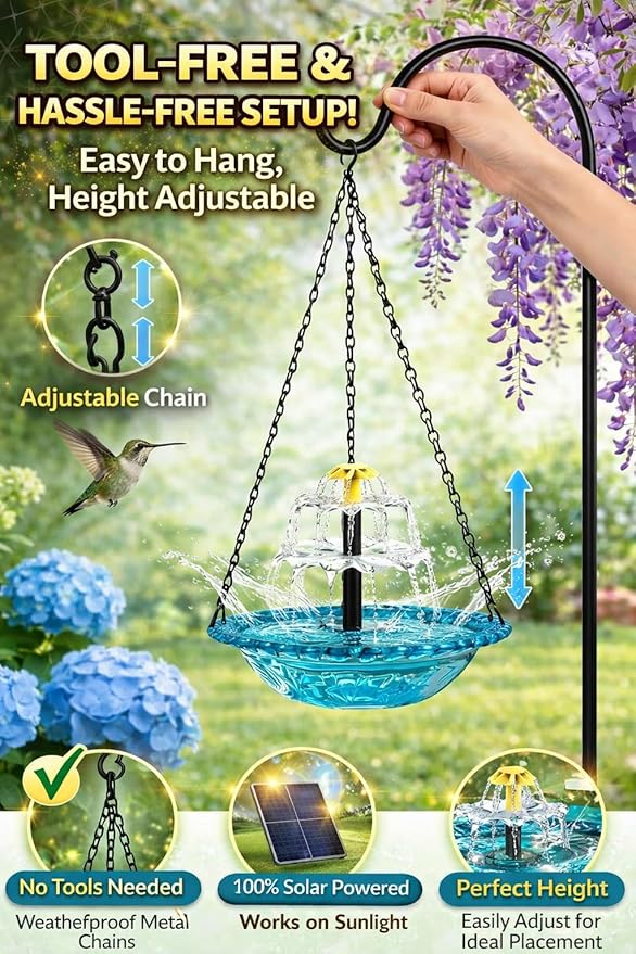Solar Cascade Hanging Bird Bath Fountain, 2026 New Outdoor Hanging Bird Bath with Solar Fountain, Large Humming Birds Baths Fountains, with Solars Pump & Glass Bowl, for Outdoor, Gardens (#4)