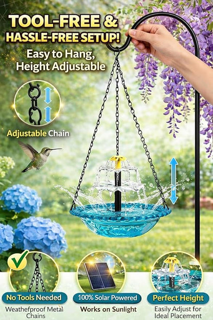 Solar Cascade Hanging Bird Bath Fountain, 2026 New Outdoor Hanging Bird Bath with Solar Fountain, Large Humming Birds Baths Fountains, with Solars Pump & Glass Bowl, for Outdoor, Gardens (#7)