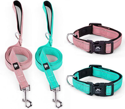 IVY&LANE 2 Pack Reflective Dog Collars and Leashs Set,Adjustable Neoprene Padded Dog Collar for Puppy, Breathable Nylon Pet Collar for Small Medium Large Dogs(Small,Pink+Teal)