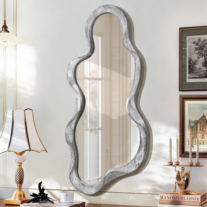Lzuso Irregular Wooden Framed Wall Mirror Modern Asymmetrical Unique Hanging Mirror Artistic Unique Cloud Shape Wall Decor Bathroom Vanity Bedroom Living Room Entryway Hallway Large 47" x 22"