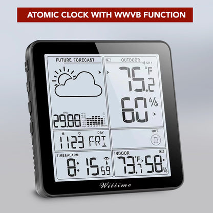 Wittime Weather Station Indoor Outdoor Thermometer Wireless Battery Powered, Atomic Clock with Indoor Outdoor Temperature Weather Clock, Dew Mold Heat Index 2180