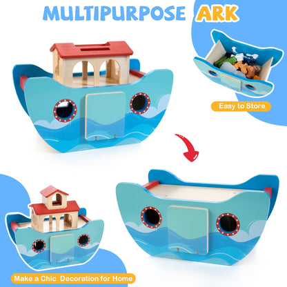 JUSTWOOD Wooden Noah's Ark Toy for Toddlers 1+ Years, Baptism Gift for Boys and Girls, Baby Montessori Educational Animal Shape Sorter Toy with Bible Story Book