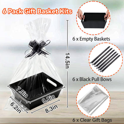 MADHOLLY 6 Set Baskets for Gifts Empty - Sturdy Kraft Gift Basket Kit with Cellophane Wrap Pull Bows for Men, Father’s Day, Career Promotion, Birthday Gift Wrapping, Black