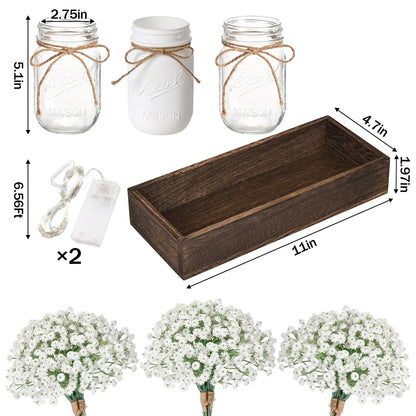 BLEUM CADE Mason Jar Centerpiece Table Decorations, Lights Centerpiece for Kitchen Dining Table Farmhouse Coffee Table Wedding Home Decor with 3 Jars Babys Breath Artificial Flowers & Wood Tray