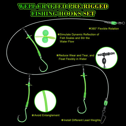 MAFIMOEA Pre-Rigged Deep Drop Saltwater Rigs – Glow Tubes, Hooks, Beads & Spinner Blade – 6/0 8/0 Circle Hooks for Snapper/Grouper/Tilefish (3/6 Hooks)