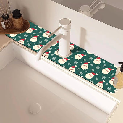 Christmas Kitchen Sink Splash Guard Mat Santa Claus and Snowflakes Sink Splash