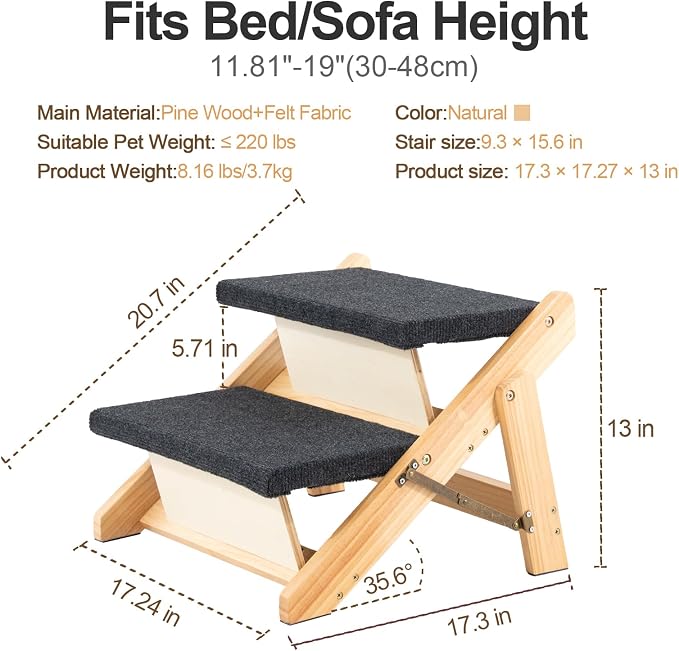 MEWANG Wood Pet Stairs & Ramp for Small/Medium Dogs and Cats, Aging Pets – 2-in-1 Foldable, Portable, Non-Slip Pet Ladder for Tall Beds, Couches,Cars–Holds Up to 220 lbs (17.3" L x 17.2" W x 13.0" H)