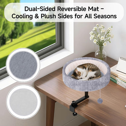 Chumajor Cat Desk Bed - 360° Rotating & Adjustable, Supports 50 lbs, Soft Faux Fur with Dual-Sided Reversible Mat, Modern Indoor Cat Nest Furniture for Office Desks and Game Tables, Island Table