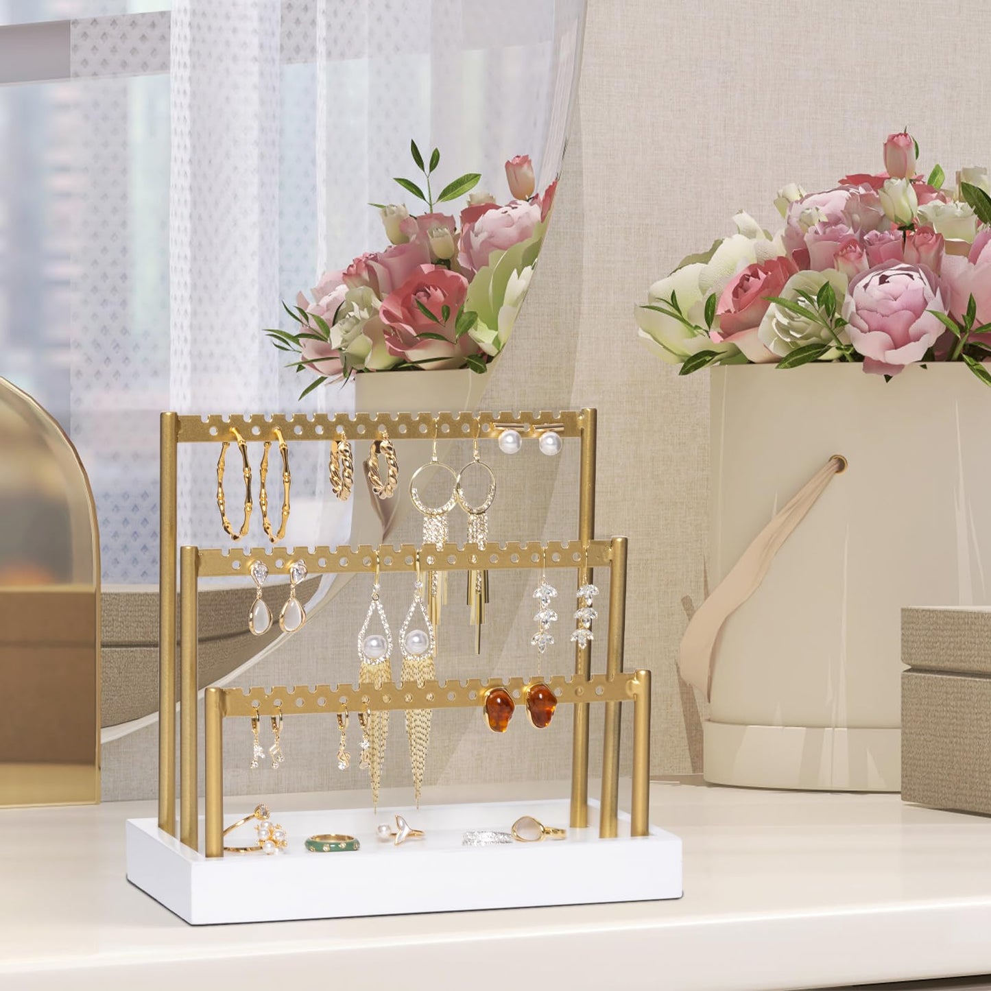 SANY DAYO HOME 3-Tier Earring Holder Organizer Stand, 105 Holes Gold Metal Earring Rack Jewelry Display Tree with White Wood Tray for Women and Girls