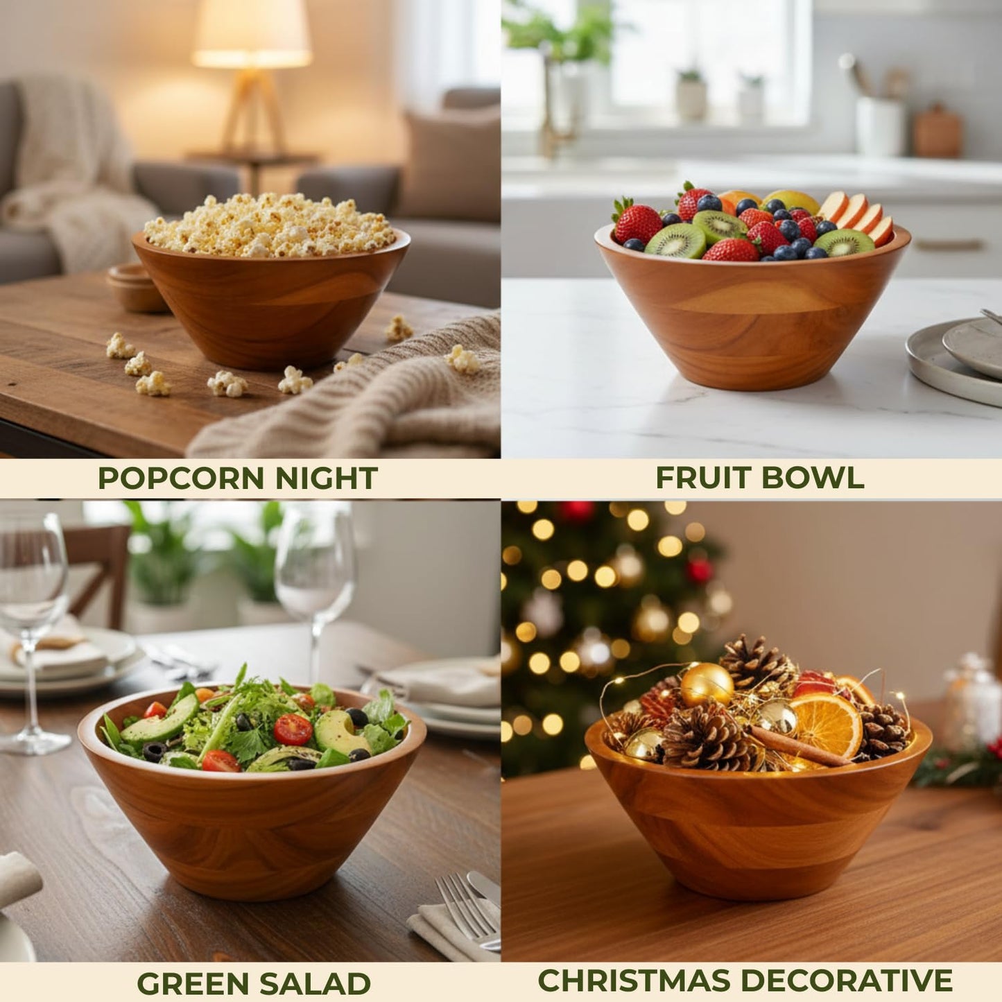 Aurah Acacia Wood Salad Bowl, 8" Diameter x 4.2" Height – Small Wooden Mixing & Serving Bowls for Salad, Pasta and Fruits – Kitchen & Outdoor Dining - Capacity 2.3 Quarts