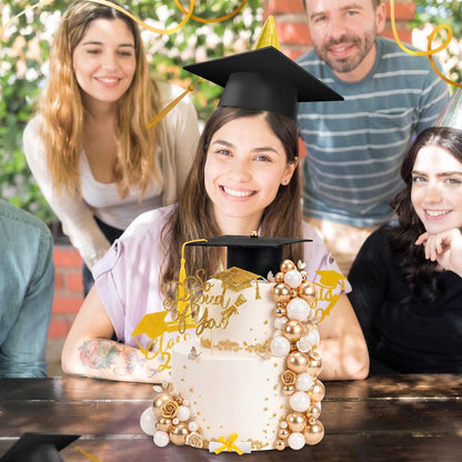 43 Pcs Graduation Cake Kit Included Felt Grad Cap with Tassel Grad Cake Topper Graduations Party Supplies So Proud of You Cupcake Topper for Congrats Senior High School College Party Decor(Gold White)