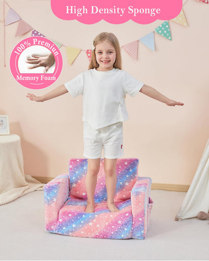 lasoftan Toddler Couch, 2-in-1 Soft Kids Couch Bed Fold Out, Toddler Chairs Comfy for Boys & Girls, Convertible Kids Sofa to Lounge for Playroom, Gift for Birthday, Children's Day- Glow Star