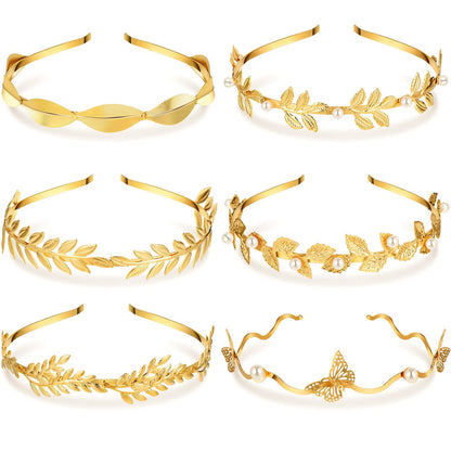Kacctyen 6 Pcs Gold Leaf Wedding Headbands Set Flower Faux Pearls Headband Golden Bridal Tiara Greek Queen Crown Headpiece Metal Laurel Leaf Hairband for Women Costume Hair Accessories