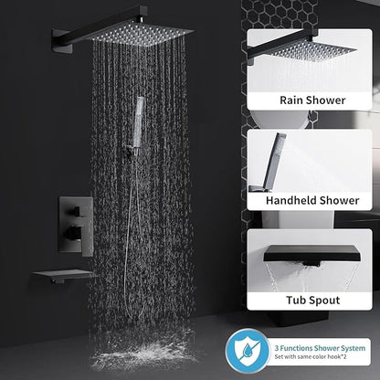 Matte Black Faucet Set Shower Head with Tub Spout and Handle System Square Wall Mount for Bathroom