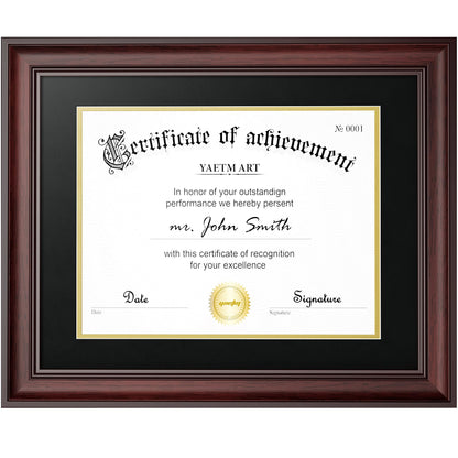 Yaetm 11x14 Diploma Frame, Certificate Frame with Tempered Glass, Display 8.5x11 Document with Black Over Gold Acid-free Mat or 11 x 14 without Mat, Wide Molding (Single, Mahogany)