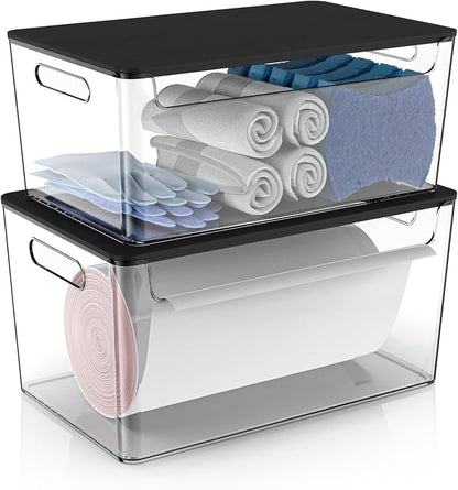 COAZEX 2 Pack Trash Bag Holder Under Sink Stackable, Plastic Garbage Bag Dispenser with Lid, Trash Bag Storage Dispenser Roll Holder for Kitchen, Pantry, Laundry Room Organization (Black Lid)