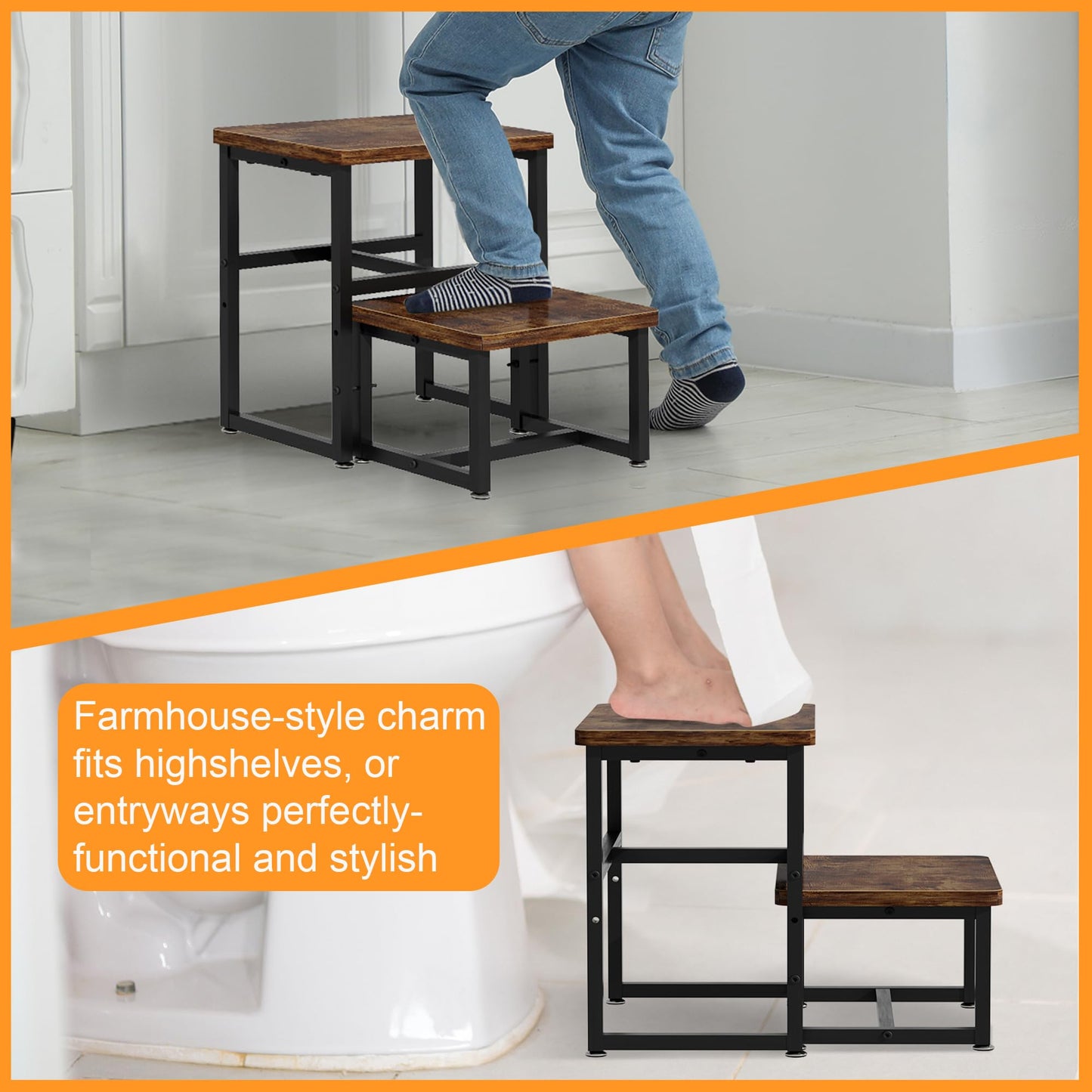 Toddler 2 Step Stool, Kids Wooden 2 Step Stools for Bathroom, Kitchen, Bedroom and Living Room, Heavy Duty Tall Stepping Stool for High Beds and Toilet up to 450-LBS
