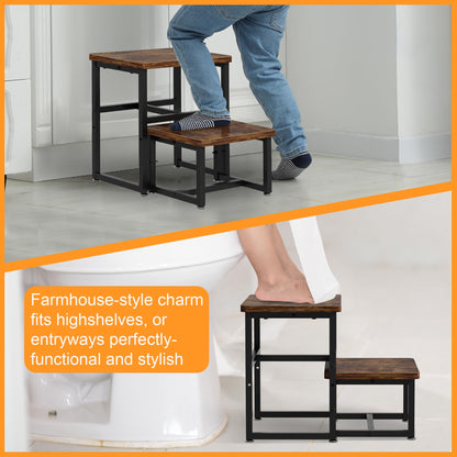 Toddler 2 Step Stool, Kids Wooden 2 Step Stools for Bathroom, Kitchen, Bedroom and Living Room, Heavy Duty Tall Stepping Stool for High Beds and Toilet up to 450-LBS