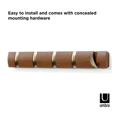 Umbra Flip Wall-Mounted Coat Rack with 5 Hooks – Modern, Space-Saving Storage for Hats, Jackets, Bags, Entryway, Mudroom, Closet, Bathroom, Bedroom – Light Walnut/Gold