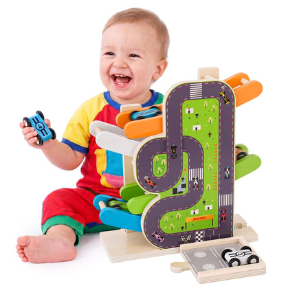 Busy edition Car Ramp Toys for 1 Year Old Boy Gifts, Montessori Toys for 1 Year Old, Wooden Race Car Track for Toddlers 1-3, Toy Cars Ramp with 4 Mini Cars & Parking Lots, 1st Birthday Gifts Boy