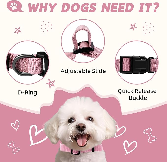 Pink Dog Collar for Small Dogs, Breathable, Anti-Odor & Soft, Comfortable for Sensitive Skin Puppies, 90% Bamboo Rayon, Adjustable Quick-Release Buckle Pet Collar for Chihuahuas Frenchie