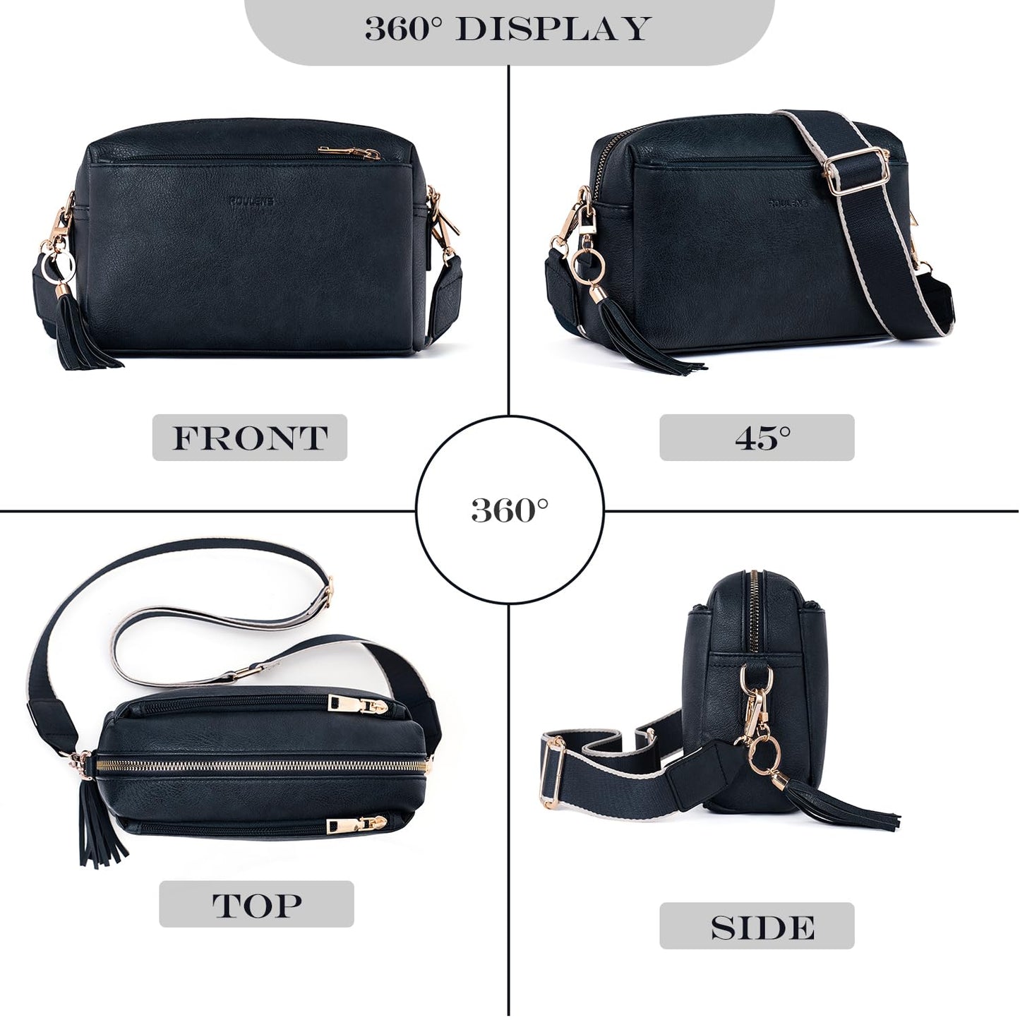 Roulens Triple Zip Small Crossbody Bag for women,Wide Strap Cell Phone Purse Shoulder Handbag Wallet with Credit Card Slots