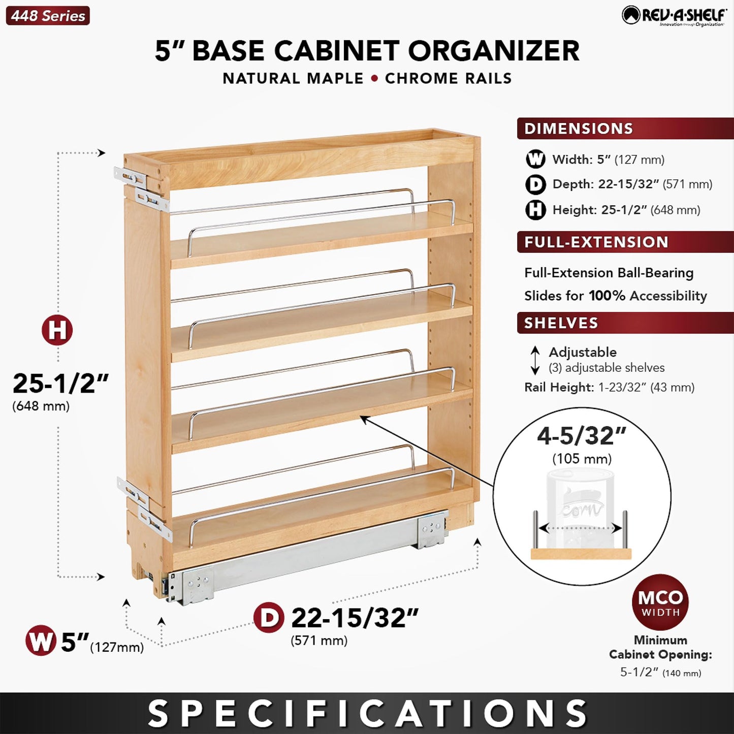 Rev-A-Shelf 6.5" Pullout Kitchen Cabinet Storage Organizer Slide Out Pantry Spice Rack with Adjustable Shelves, Natural Maple, 448-BC-6C