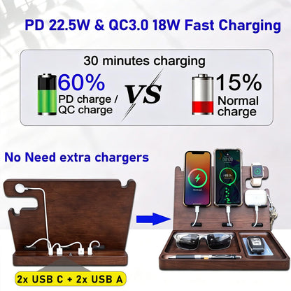 Xunhomon Wood Phone Docking Station Nightstand Organizer Charging Station with QC 3.0 & PD22.5W Fast Charger for iPhone Samsung Android Watch Airpod Anniversary Birthday Gifts for Men