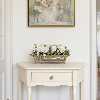ANMAYNICE Artificial Rose Flower Arrangement with Eucalyptus in Wooden Planter, Faux Flowers Farmhouse Table Centerpiece, “Home Sweet Home” Rustic Home Décor, White