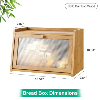 kiplant Bread Box for Kitchen Counter, Large Bamboo Bread Storage Container with Wavy Arcylic Door, Bamboo Wooden Farmhouse Bread Box for Your House (Natural, Medium)