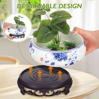 YARNOW Lotus Bowl Planter with Stand - Non Hole Ceramic Bonsai Pot for Water Lily, Succulents, and Small Plants, 7 x 6.3 x 4 Inch