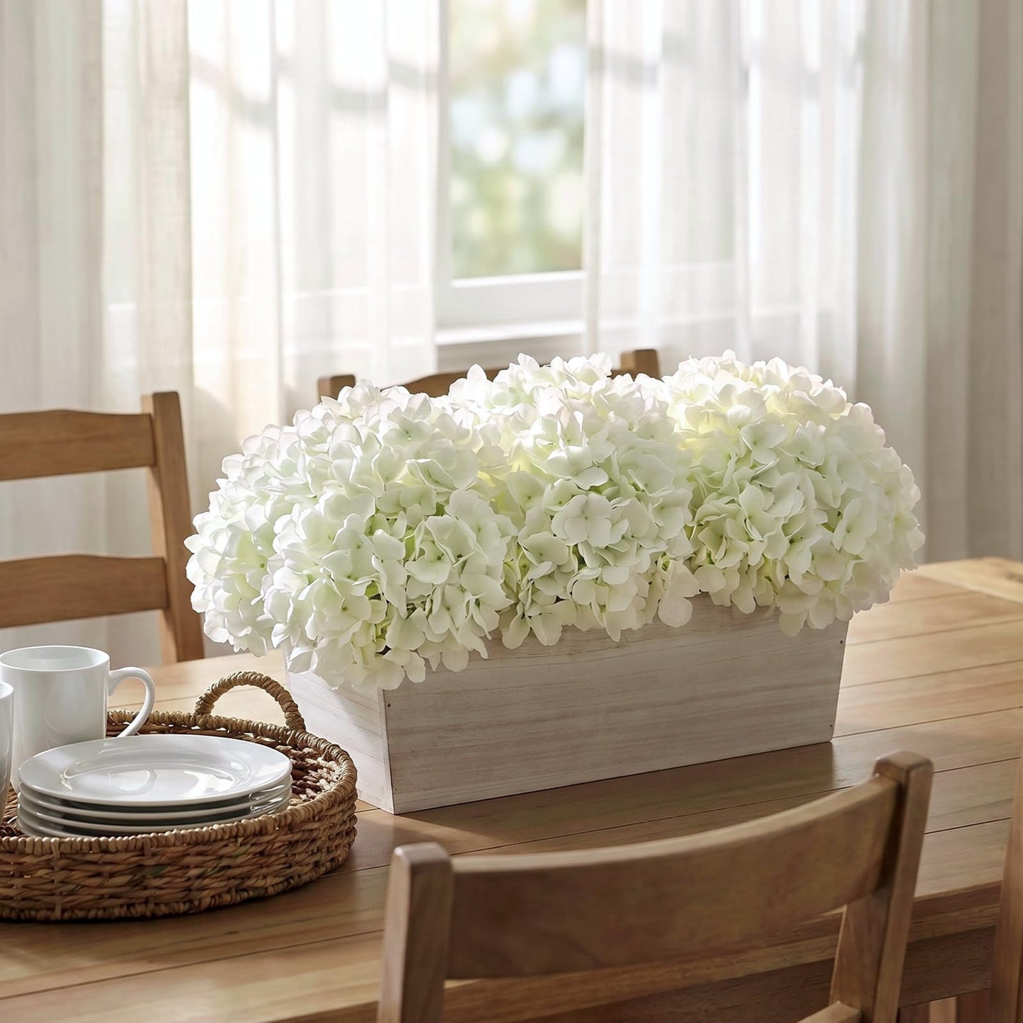 21" Large Artificial Hydrangea Arrangement in Planter for Table Centerpiece, Lifelike Fake Hydrangea Potted Plant, Silk Faux Flowers in Wood Planter for Farmhouse Home Office Shower Decor (White)