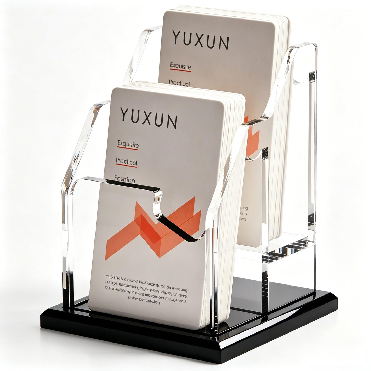 YUXUN Black Business Card Holder for Desk-2 Tiers 2 Slots, Vertical Acrylic Business Cards Holder for Women Men, 100+ Business Cards, Multiple Business Card Display Stand for Exhibition, Home, Office