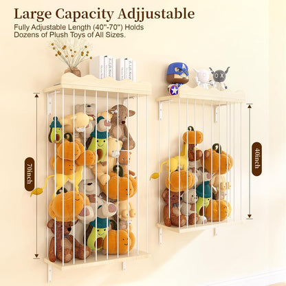 Sunifier Adjustable Stuffed Animal Storage with Shelf (Patented) - Large Wooden Hanging Plush Toy Organizer - Corner Stuffy Animals Hammock Net Holder for Kids Room, Nursery, Bedroom