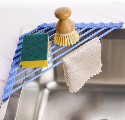 Tomorotec Compact Silicone-Coated Triangle Dish Drying Rack for Sink Corner - Foldable Stainless Steel Over-The-Sink Organizer and Storage Shelf (Blue)