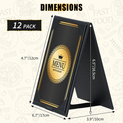 FLKQC 12 Pack Double-Sided Menu Holders 4"x 6", PU Leatherette A-Frame Table Tents for Restaurant, Bar, Cafe, Wedding, Durable and Foldable Design (12 pack, 4" x 6")