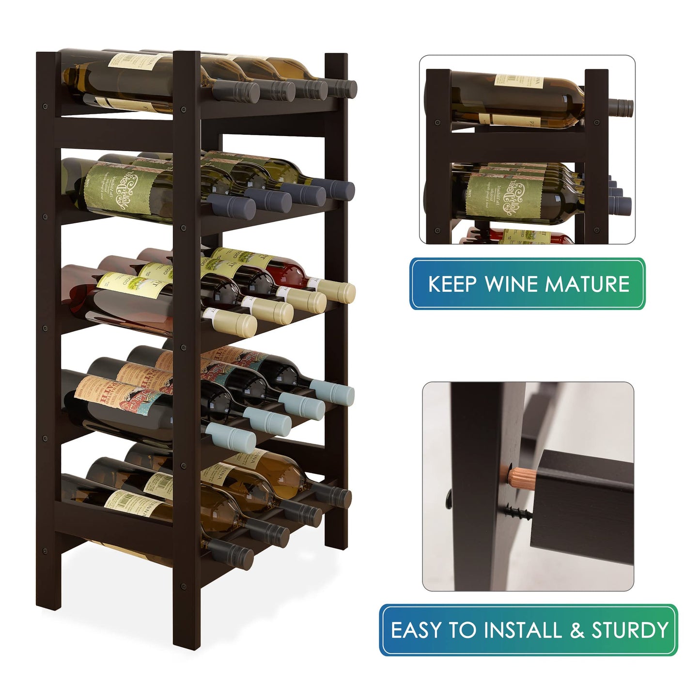 SMIBUY Bamboo Wine Rack, 20 Bottles Display Holder, 5-Tier Free Standing Storage Shelves for Kitchen, Pantry, Cellar, Bar (Dark Brown)