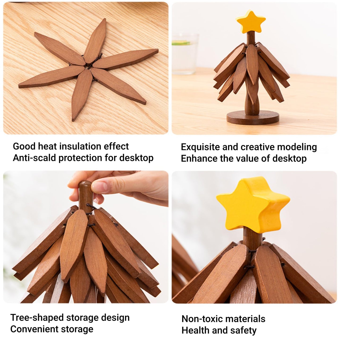 Trivets for Hot Dishes, Upgraded Foldable Wooden Coaster Set Walnut Wood Christmas Tree Trivet Stand Home Decoration for Hot Pots Bowl and Pan (4 Trivets)