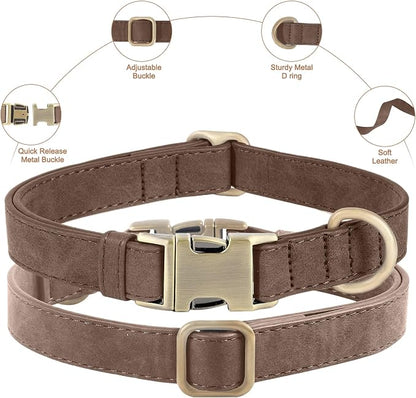 Genuine Leather Dog Collar - Adjustable Pet Collar with Quick Release Metal Buckle, Soft Skin Friendly Real Leather Collar for Small, Medium, Large Dogs (Dark Brown Collar + Rope, S：Fit 8-16" Neck)