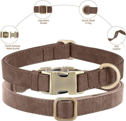 Genuine Leather Dog Collar - Adjustable Pet Collar with Quick Release Metal Buckle, Soft Skin Friendly Real Leather Collar for Small, Medium, Large Dogs (Dark Brown, S：Fit 8-16" Neck)
