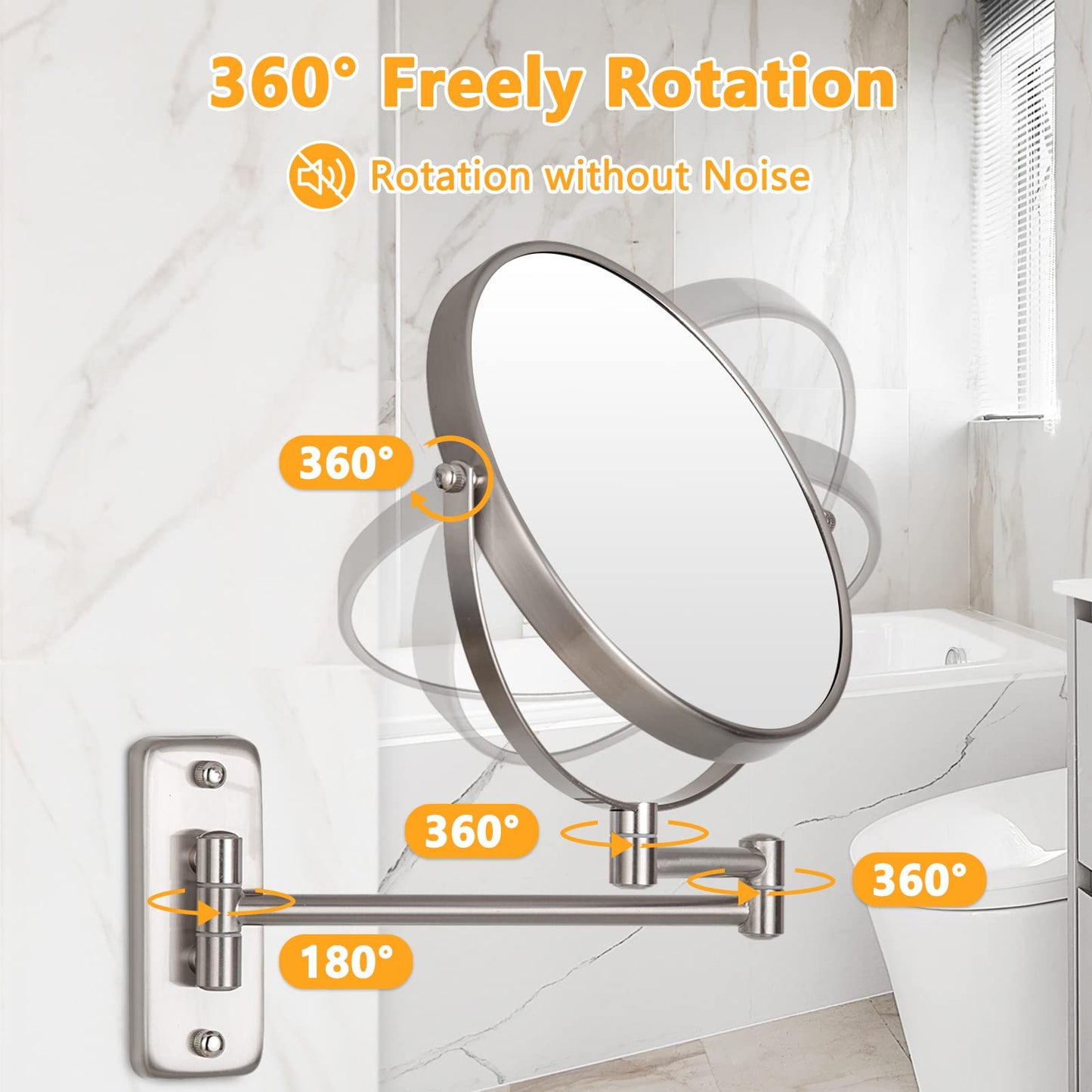 ALHAKIN 9" Wall Mounted Lighted Makeup Mirror, Large Rechargeable 1X/10X Magnifying Mirror with 3 Color Lights Dimmable, 360° Rotation, Nickel
