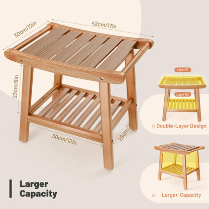 Bamboo Shower Bench for Inside Shower to Sit on,Waterproof Shower Stool for Shaving Legs,Spa Bathroom Shower Chair with Storage Shelf, Bathroom Bench Seat-Natural Bamboo