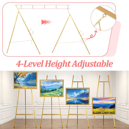 Meyeyaia 43'' Gold Easel Stand for Sign, Metal Heavy Duty Easel Display Stand, 4-Tier Adjustable Art Easels for Wedding Sign, Painting, Floor Décor, Posters, Pictures, Posters, Commercial Display