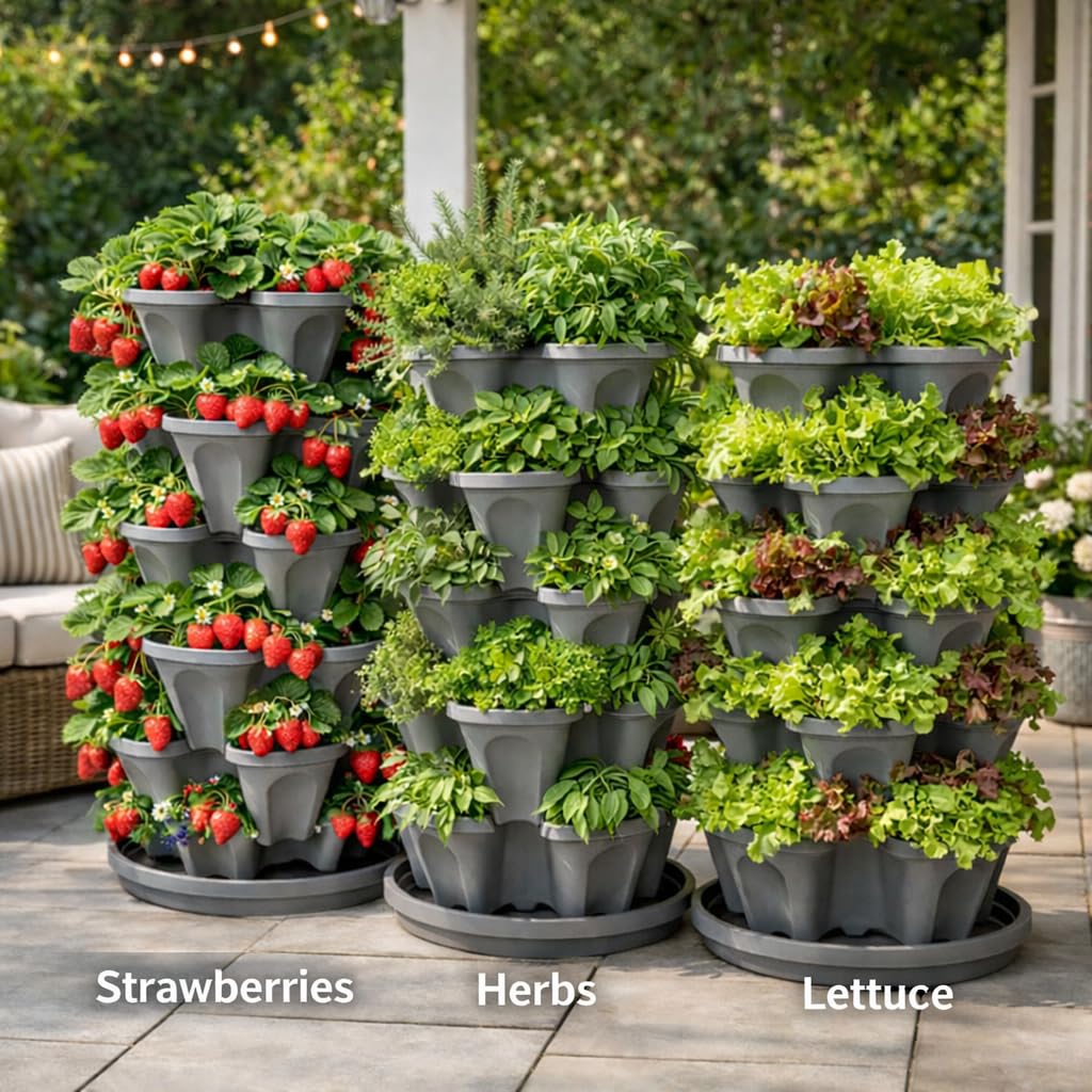 5-Tier Stackable Strawberry Garden – 24 Quart Indoor / Outdoor Stacking Planter with Drip Saucer – Grow Herbs, Strawberries, and Flowers from The Kitchen or Backyard – Plant and Stack! Easy Gardening